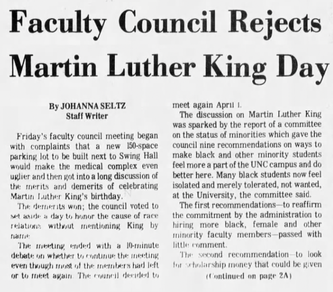 A newspaper article with the headline "Faculty Council Rejects Martin Luther King Day."